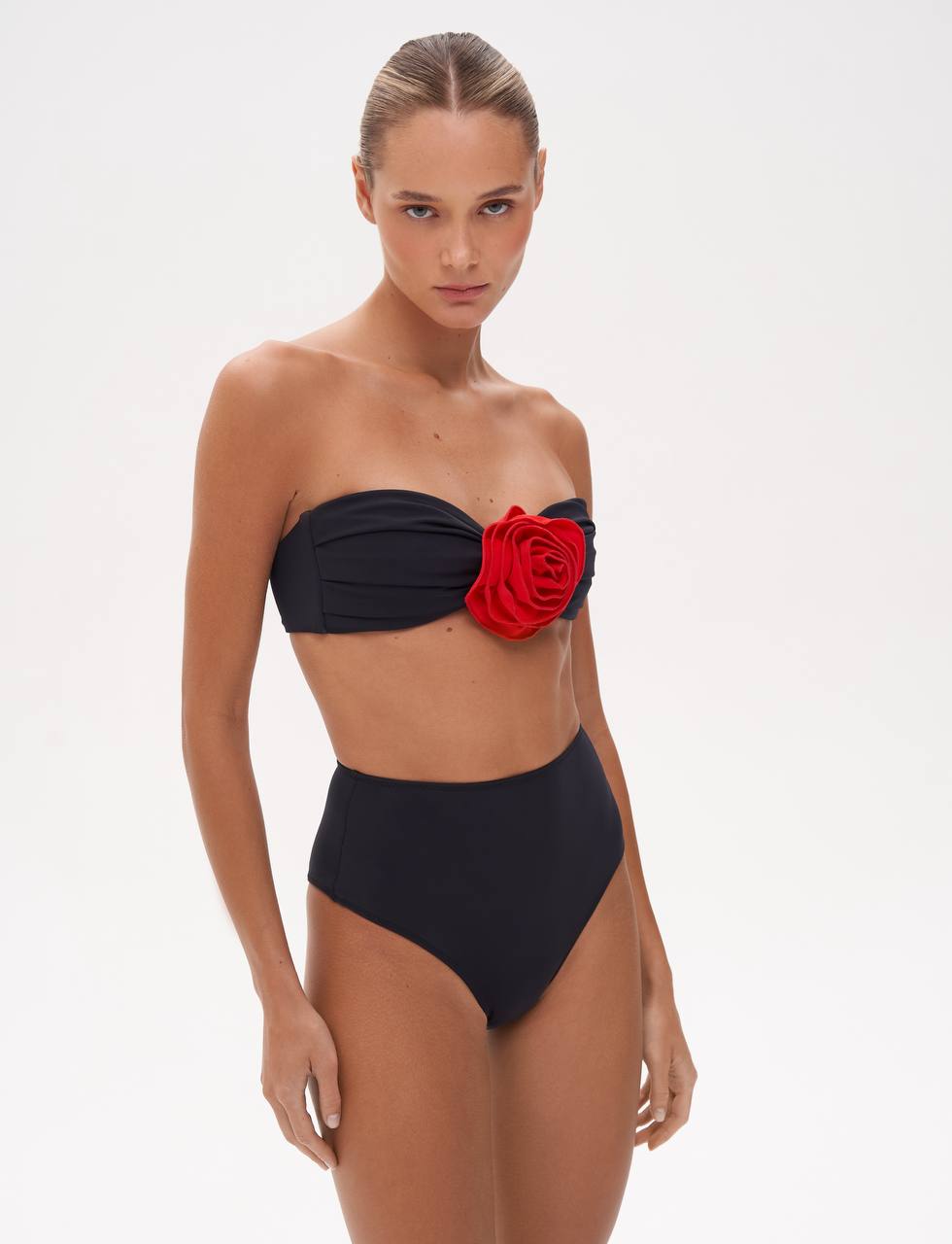 Rose Bandeau Bikini Top in Black&Red